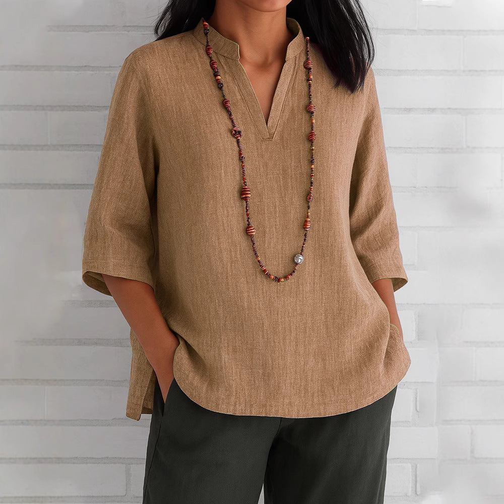 Damen lässige Bluse mit V-Ausschnitt und seitlichen Taschen EB