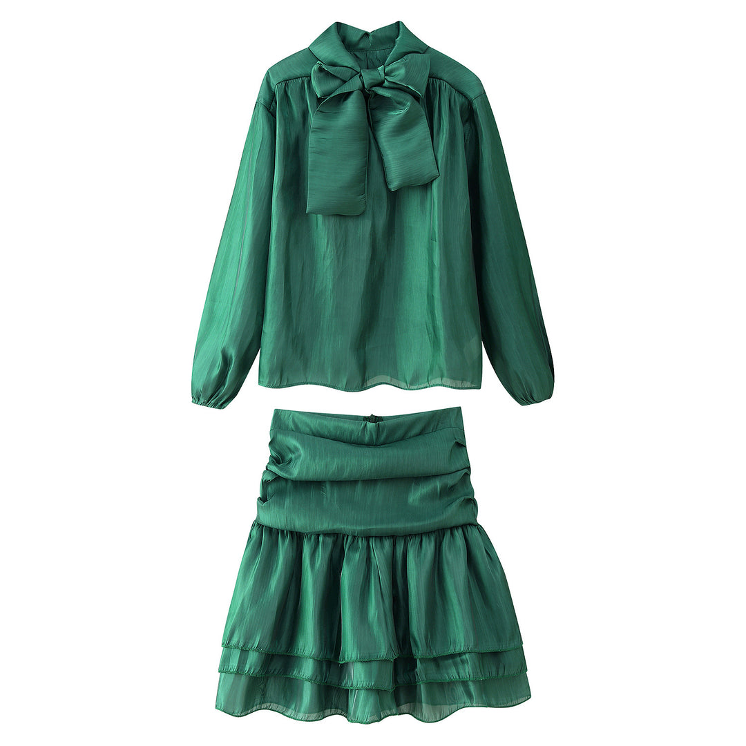 Damen Set aus eleganter Bluse mit Schleifendetail und voluminösem Rock EB