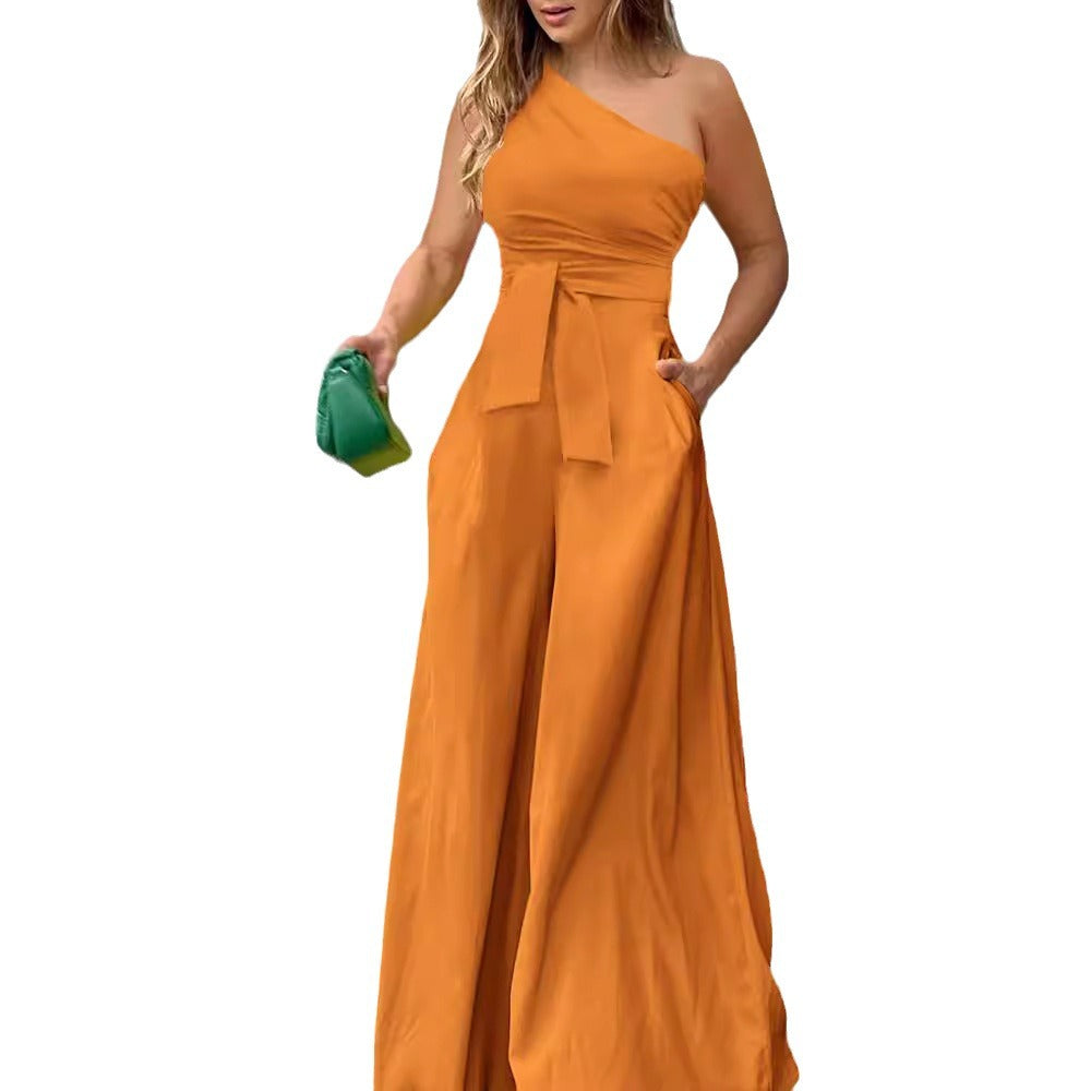 Damen Eleganter One-Shoulder Jumpsuit mit weitem Bein und Taillengürtel EB