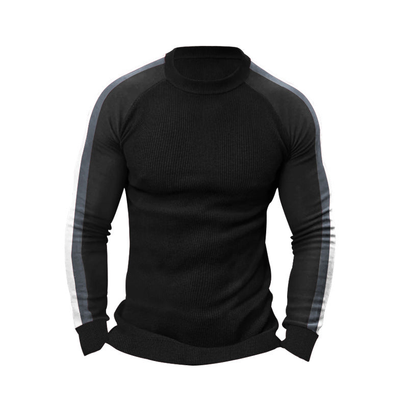 Herren sportlicher Strickpullover mit kontrastierenden Ärmeln und hohem Kragen EB