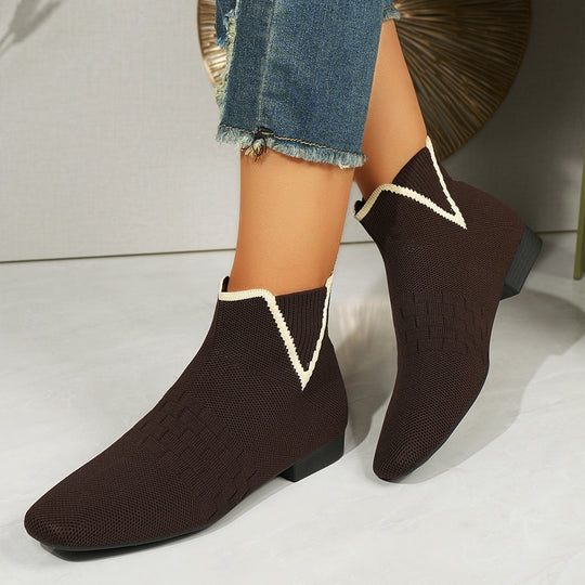 Damen nan gestrickte Sock-Stiefelette mit elastischem V-Einsatz, Zugschlaufe und flachem Blockabsatz EB