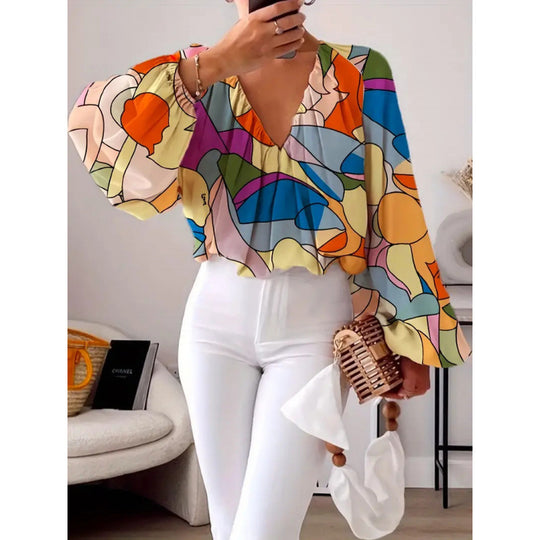 Damen oversized Bluse mit farbenfrohem grafischen Muster und weit ausgestellten Ärmeln EB