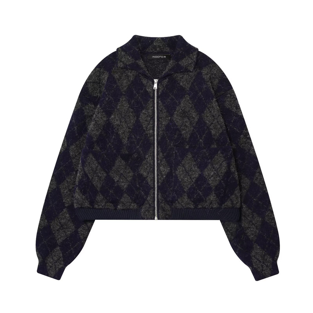 Damen modische Karojacke mit hohem Kragen und Reißverschluss EB