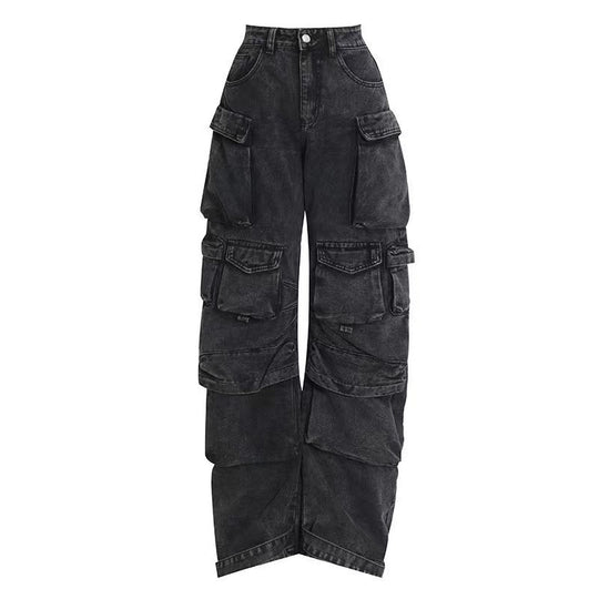 Damen weit geschnittene Cargo-Jeans mit mehreren Taschen und entspannter Passform EB