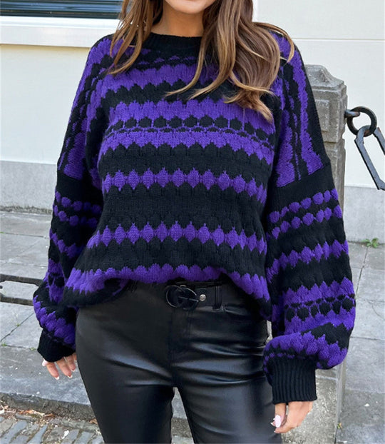 Damen gemütlicher Strickpullover mit modernem Zopfmuster und grafischen Akzenten EB
