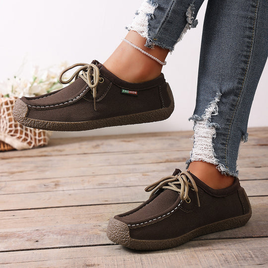 Damen  lässige Mokassin-Slipper aus Veloursimitat mit dekorativer Ziernaht, elastischer Schnürung und flexibler Gummisohle EB