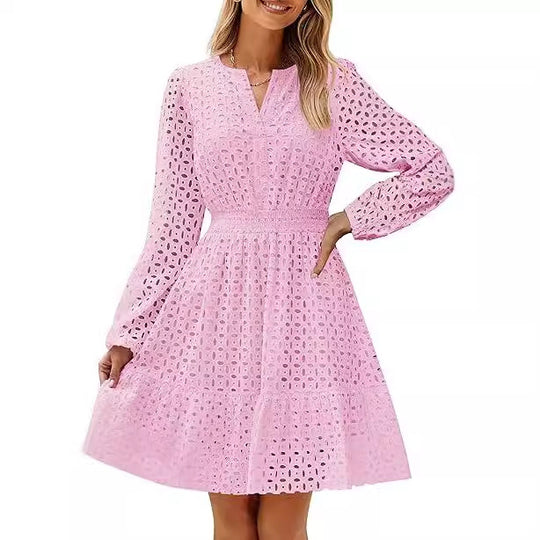 Damen luftiges Blusenkleid mit dekorativem Lochmuster und kräftigen Ärmel EB