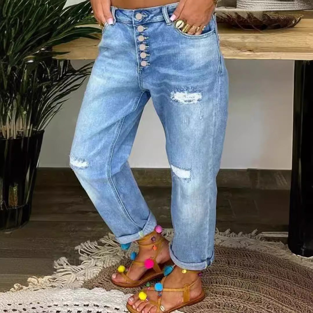Damen Boyfriend Jeans mit Knopfleiste und distressed Effekten EB