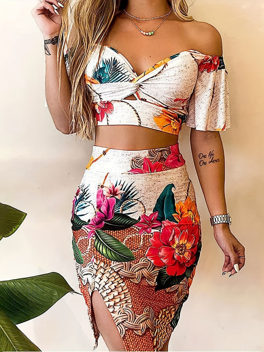 Damen Zweiteiliges Sommer-Outfit mit floralem Design und Raffung EB