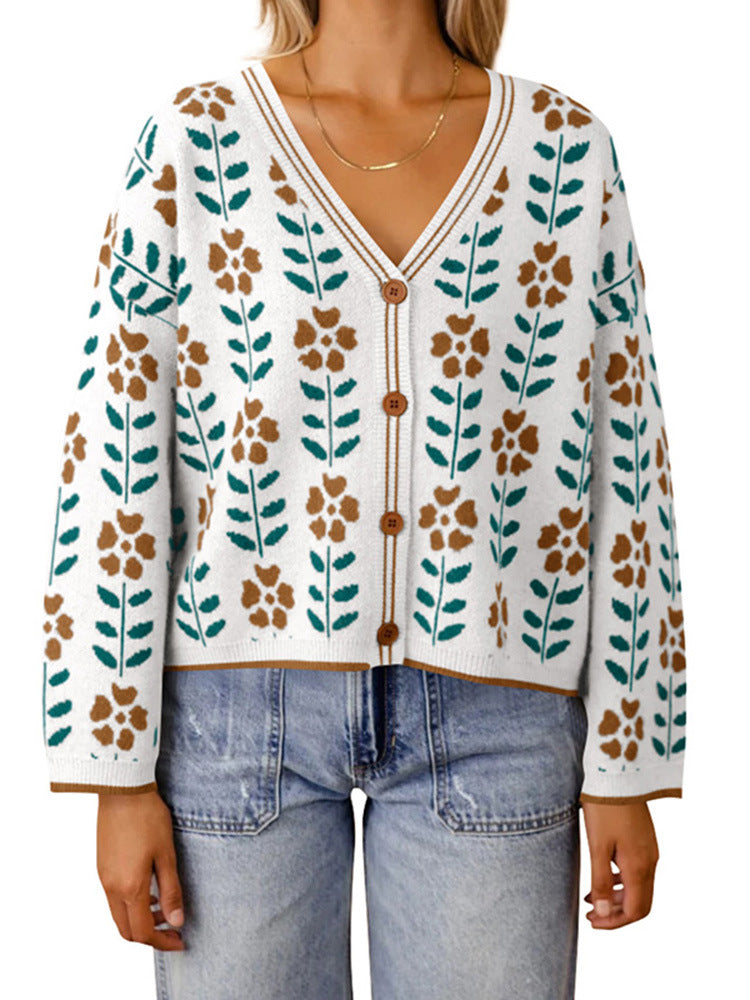 Damen Strickjacke mit floralem Design und Knopfdetails EB