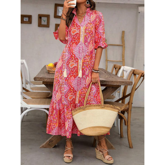 Damen Bohemian Maxikleid mit verspieltem Paisleymuster und Rüschen EB