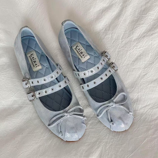 Damen Ballerinas mit doppeltem Riemendesign und zartem Schleifendetail EB