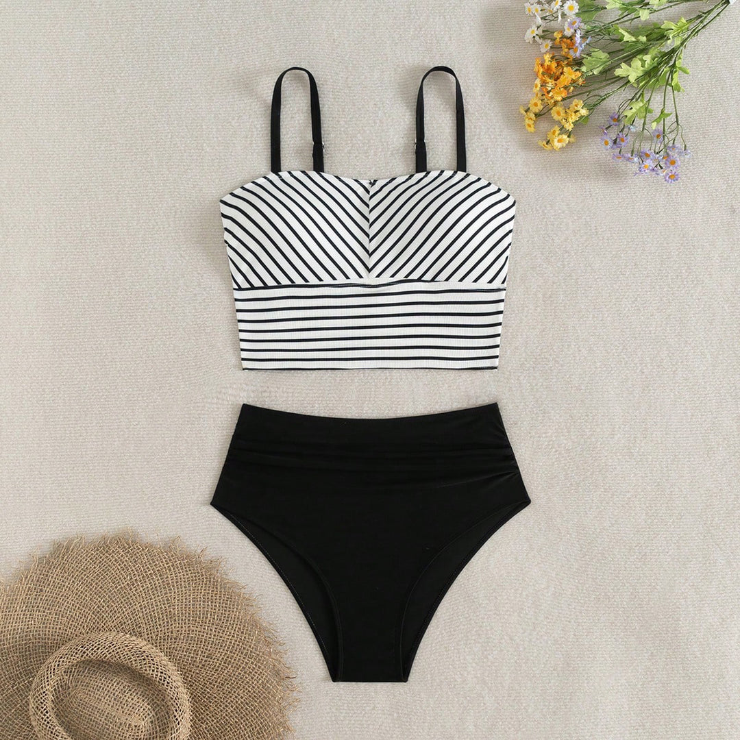 Damen Hochgeschnittener Bikini mit gestreiften Crop-Oberteil EB