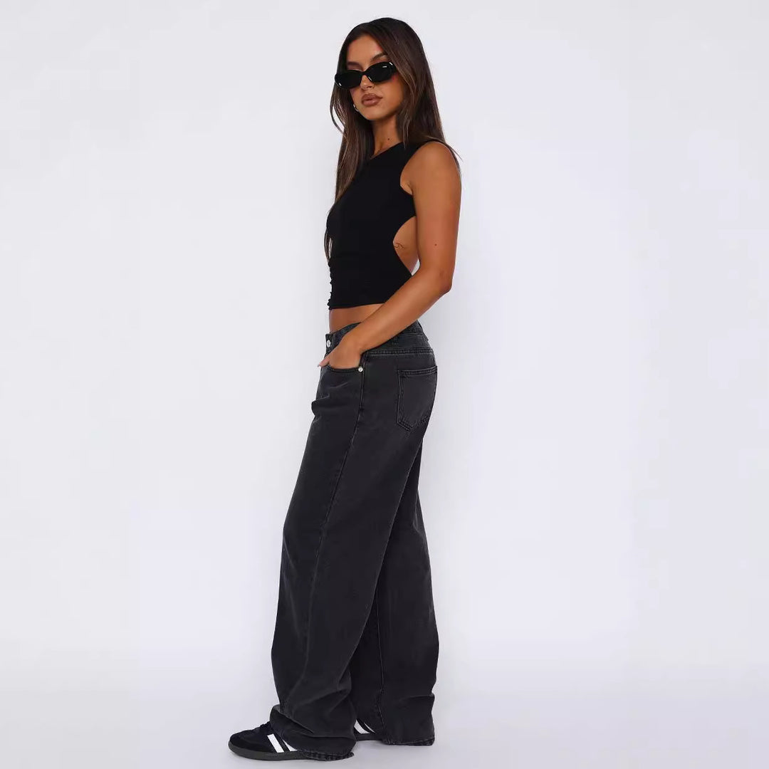 Damen lässige weite Jeans mit hohem Bund und modischem Schnitt EB
