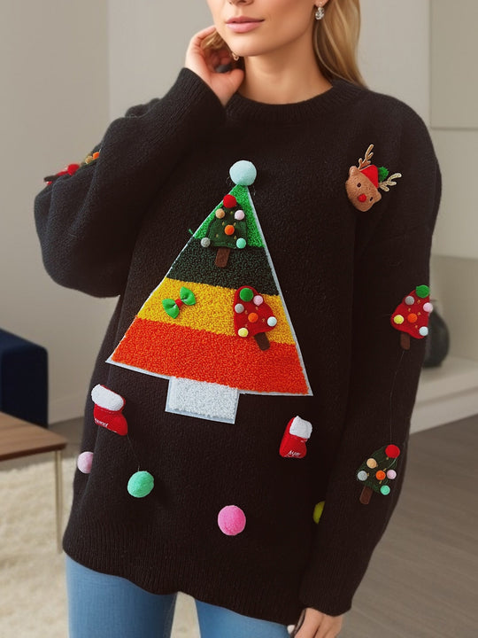 Damen Weihnachts-Pullover mit fröhlichem Weihnachtsbaum-Design und 3D-Applikationen EB