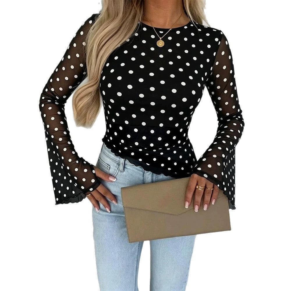 Damen Transparente Mesh-Polka‑Dot-Bluse mit taillierter Passform und Glockenärmeln EB