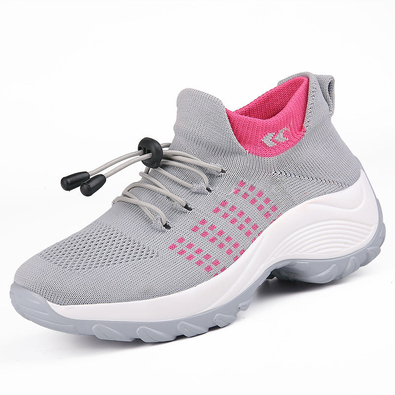 Damen gestrickte Slip-On Sneaker mit Schnellzugkordel, elastischem Schaft und stoßdämpfender Plateau-Sohle EB
