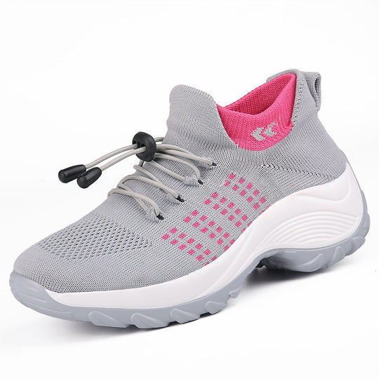 Damen gestrickte Slip-On Sneaker mit Schnellzugkordel, elastischem Schaft und stoßdämpfender Plateau-Sohle EB