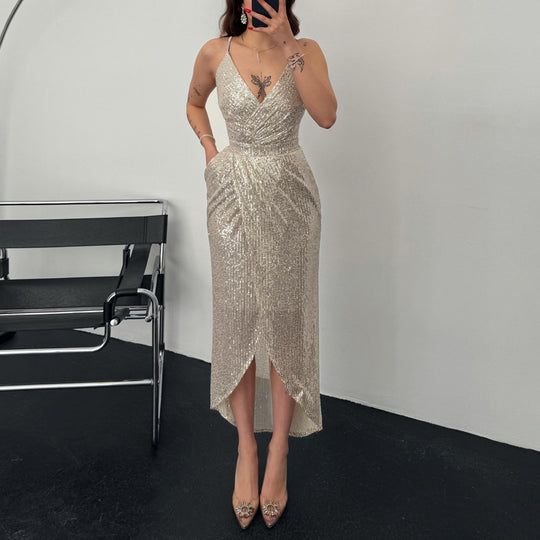 Damen Elegant Funktionskleid mit schimmerndem Paillettenstoff und tiefem V-Ausschnitt EB