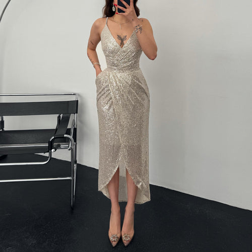 Damen Elegant Funktionskleid mit schimmerndem Paillettenstoff und tiefem V-Ausschnitt EB