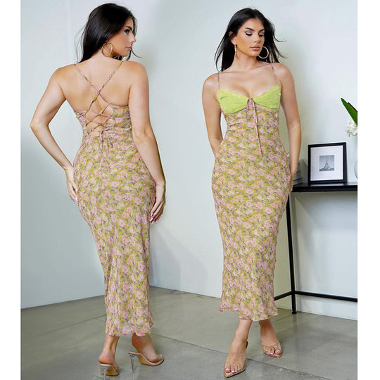 Damen Maxikleid mit elegantem Blumenmuster und raffinierten Trägerdetails EB
