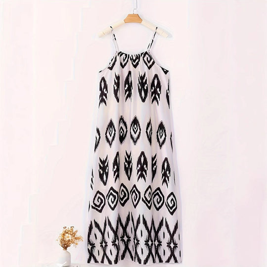 Damen maxi Kleid mit zeitgemäßem Tribal-Muster und schwingendem Saum EB
