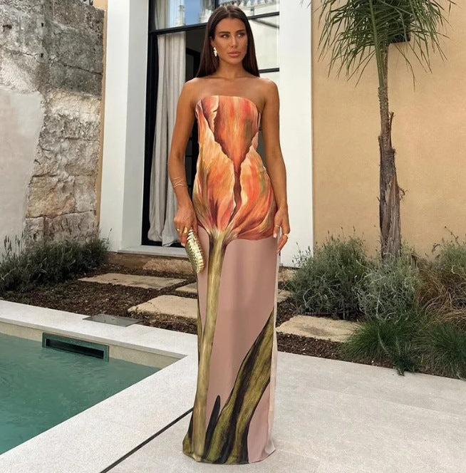 Damen Maxikleid mit lässigem schulterfreiem Design und floralem Print EB