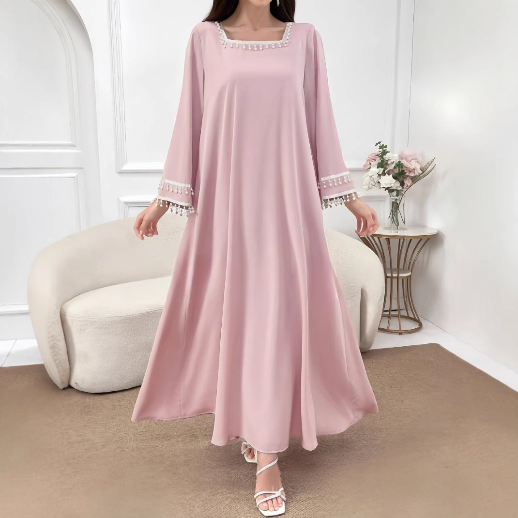 Damen Elegantes Maxikleid mit dekorativen Fransen und weiten Ärmeln EB