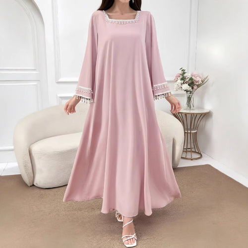Damen Elegantes Maxikleid mit dekorativen Fransen und weiten Ärmeln EB