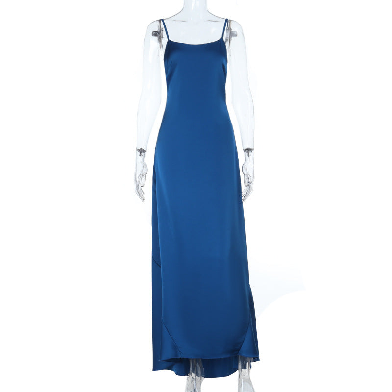 Damen elegantes Satin-Maxikleid mit feinen Spaghettiträgern EB