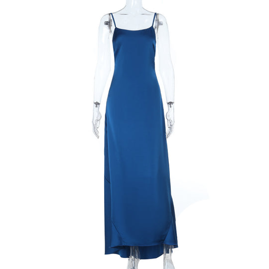 Damen elegantes Satin-Maxikleid mit feinen Spaghettiträgern EB