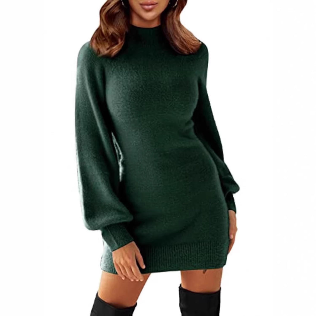Damen Tailliertes Teddy-Strick-Minikleid mit Stehkragen und Ballonärmeln EB