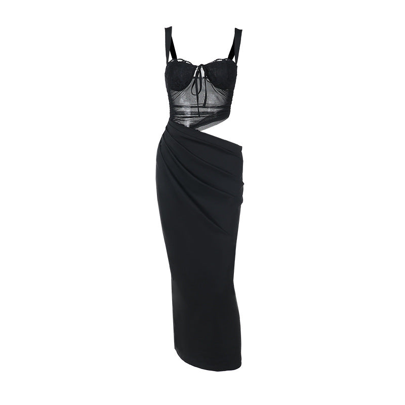 Damen elegantes Maxikleid mit transparentem Oberteil und raffinierten Drapierungen EB
