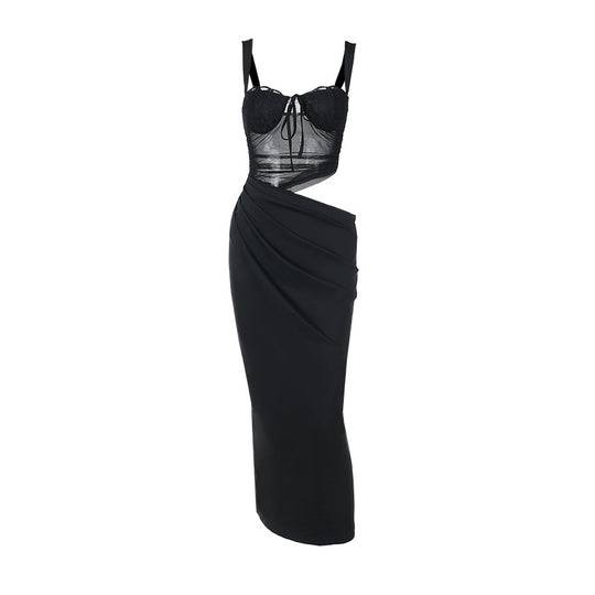 Damen elegantes Maxikleid mit transparentem Oberteil und raffinierten Drapierungen EB