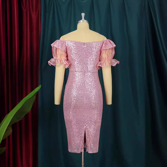 Damen glamouröses Abendkleid mit Glitzer und transparenten Puffärmeln EB
