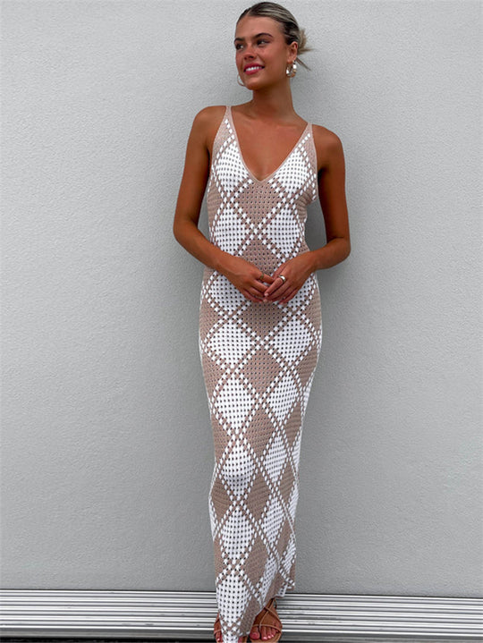 Damen-Maxikleid mit feinem Mesh-Strick und diamantförmigem Muster EB