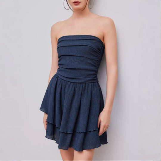 Damen Wickelkleid mit gerafftem Oberteil und fließendem Rock EB