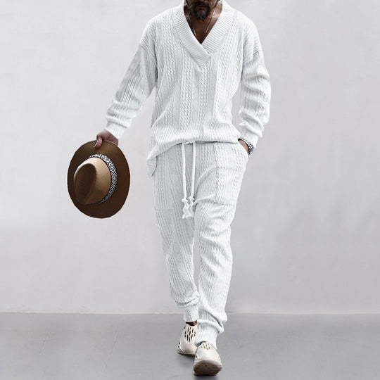 Herren lässiges Strick-Outfit mit V-Ausschnitt und elastischen Bündchen EB