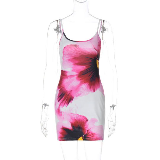 Damen Blütenmuster Minikleid mit feinen Spaghettiträgern EB