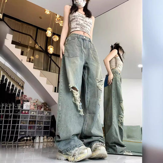 Damen Weite Destroyed Jeans im Vintage-Stil mit modischen Rissdetails EB