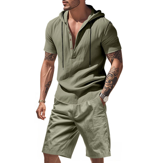 Herren lässiges Kurzarmhemd mit Kapuze und Shorts EB