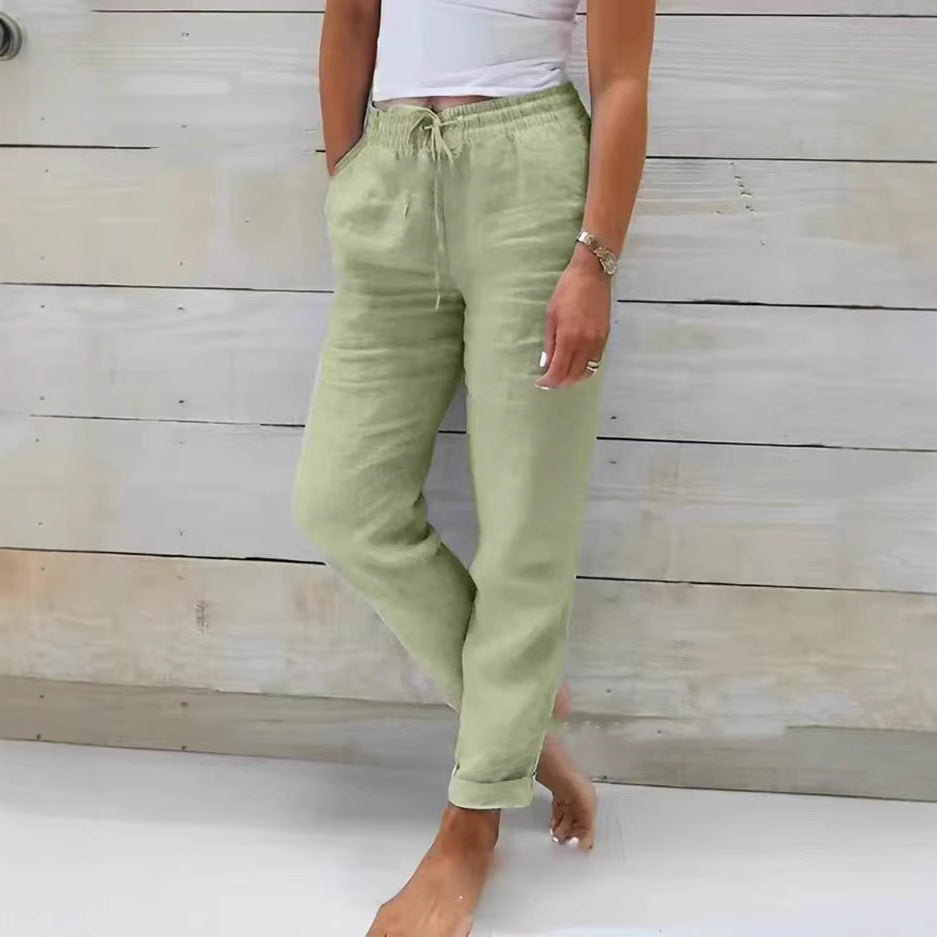 Damen nan lässige Leinenhose mit elastischem Bund Kordelzug und Seitentaschen EB