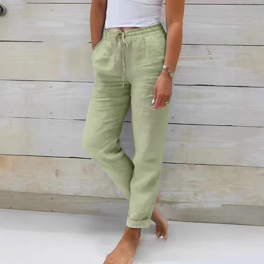 Damen nan lässige Leinenhose mit elastischem Bund Kordelzug und Seitentaschen EB