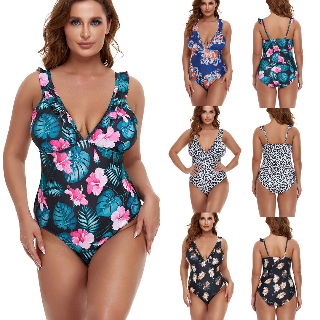 Damen Einteiler Badeanzug mit floralem Design und tiefem V-Ausschnitt EB
