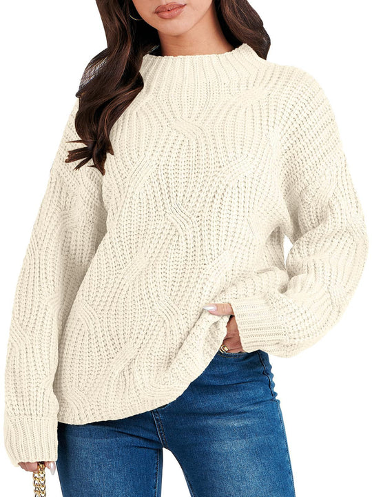 Damen Grobstrickpullover mit extravagantem Wellenmuster und hohem Kragen EB