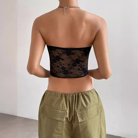 Damen transparente Crop-Top mit floralen Details EB