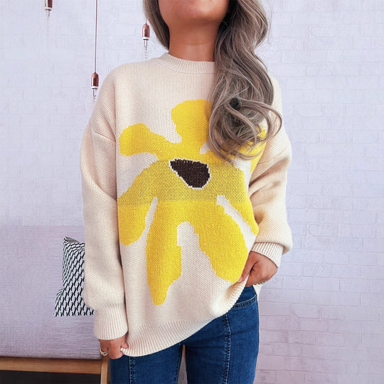 Damen verspielter Strickpullover mit floraler Applikation EB