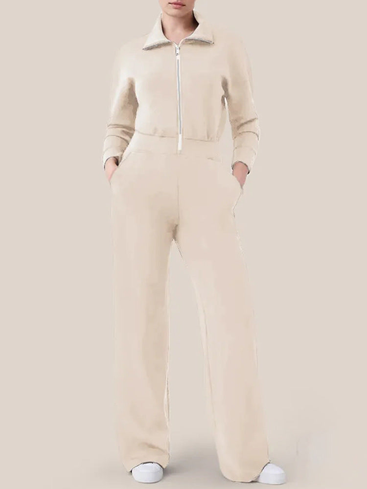 Damen Luxuriöser Lounge-Jumpsuit mit elegantem Stehkragen und praktischem Reißverschluss EB