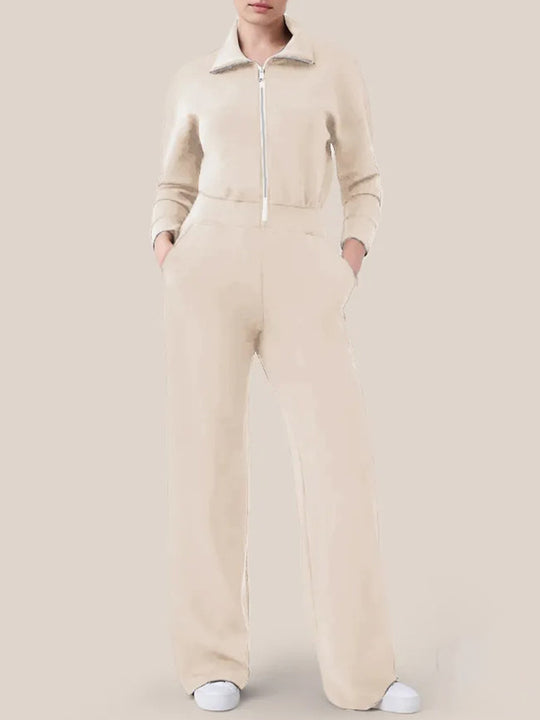 Damen Luxuriöser Lounge-Jumpsuit mit elegantem Stehkragen und praktischem Reißverschluss EB
