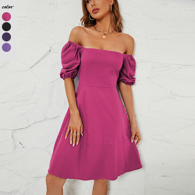 Damen Off-Shoulder Kleid mit Puffärmeln und schwingendem Rock EB